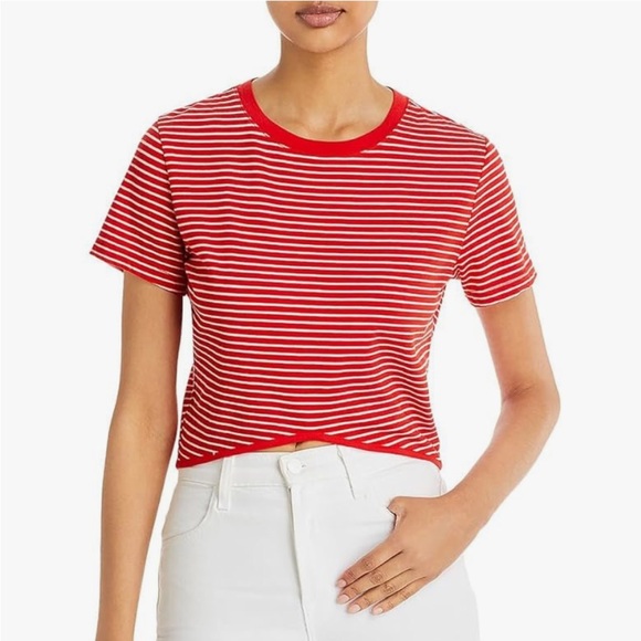 Monrow Women's Red And White Striped Slight Cropped Top New With Tag Large Waldo - Picture 7 of 7